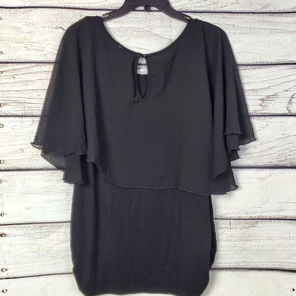 Maurices Black Flutter Sleeve Blouse L Women’s Dressy Keyhole Back Top Layered C - Picture 3 of 7